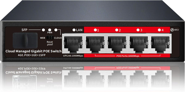 5 Port Gigabit PoE+ Switch, Cloud Managed Gigabit Ethernet Switch - 4 PoE Ports @ 52W, 1 Uplink Port, 1 SFP Slot - APP Smart Managed and Overload Protection