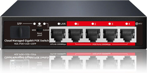 5 Port Gigabit PoE+ Switch, Cloud Managed Gigabit Ethernet Switch - 4 PoE Ports @ 52W, 1 Uplink Port, 1 SFP Slot - APP Smart Managed and Overload Protection