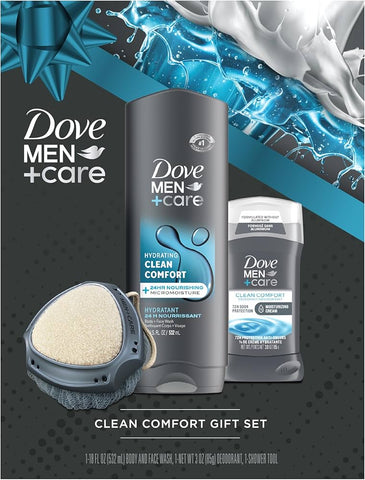Dove Men + Care Holiday Gift Set: Clean Comfort - Body & Face Wash, Deodorant Stick & Shower Tool