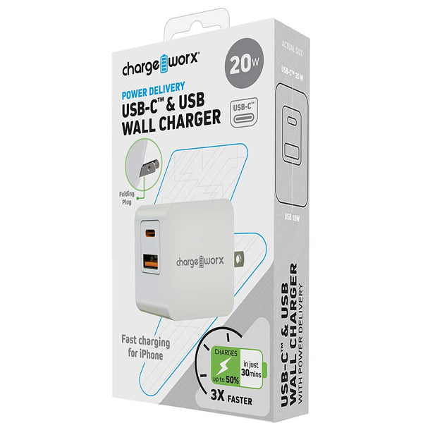 Chargeworx CX3099 USB-C & USB Wall Charger W/ Power Delivery (20W)