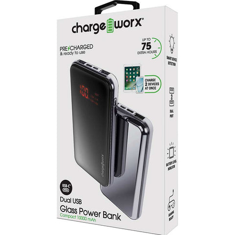 Chargeworx CX6862BK 10000mAh Dual USB Glass Power Bank