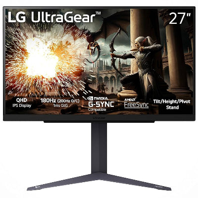 LG 27" UltraGear QHD IPS 180Hz Gaming Monitor w/ AMD FreeSync & 3-side Virtually Borderless Design -1ms (GtG), HDR10, 200Hz