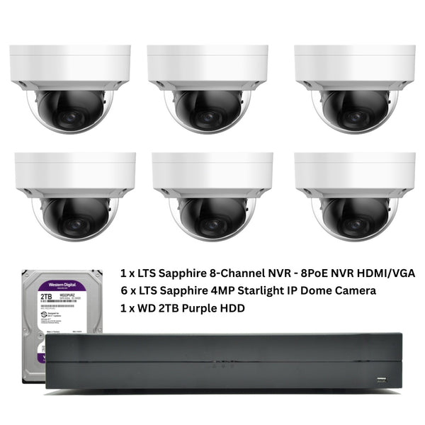 LTS Sapphire Security Camera Bundle - 8-Channel NVR - 8PoE NVR HDMI/VGA + WD 2TB Purple HDD & 6 x 4MP Starlight IP Dome Security Cameras