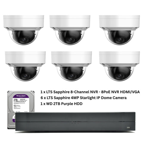 LTS Sapphire Security Camera Bundle - 8-Channel NVR - 8PoE NVR HDMI/VGA + WD 2TB Purple HDD & 6 x 4MP Starlight IP Dome Security Cameras