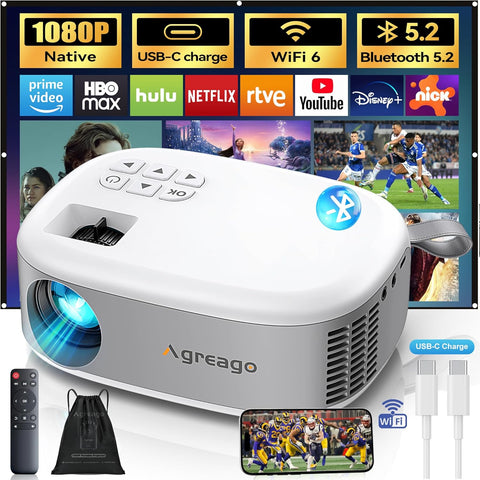 Agreago Portable Mini Outdoor Projector w/ Screen & Speakers - WiFi & Bluetooth - 1080P 4K Supported