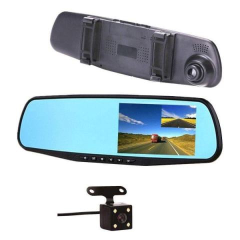 Vehicle Blackbox DVR 9.66" Rearview Mirror Dual Channel Recorder - FHD 1080p - Wide Angle Lens - Night Vision - Motion Detection - G Sensor -Supports 32GB -