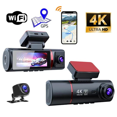 3 Channel 4K Dash Camera with GPS Tracking & Built-In Wi-Fi for Front /Rear Recording