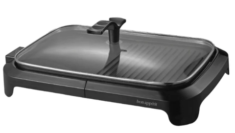 Electric Grill w/ Tempered Glass Lid, Adjustable Temperature & Removable Oil Tank