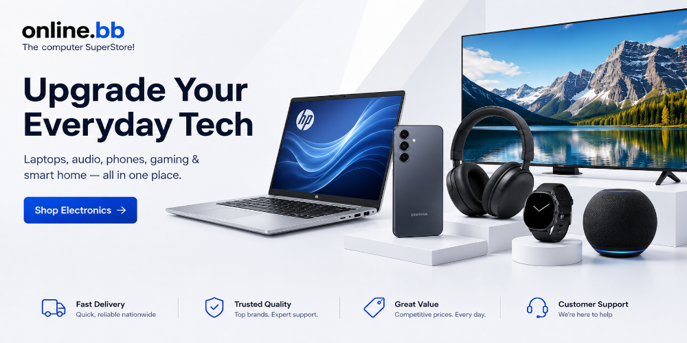 Online.bb electronics hero featuring HP laptop and Samsung phone