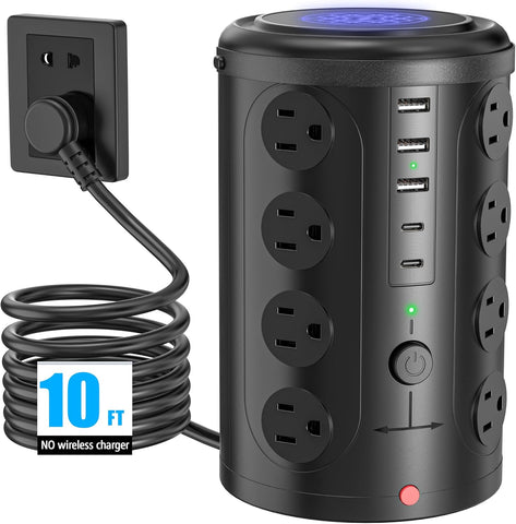 Power Strip Surge Protector Tower Charging Station w/ 16 Outlets, 5 USB Ports (2 USB-C), 10ft Extension Cord