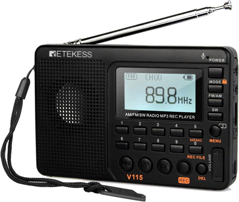 Retekess V115 Shortwave Digital AM FM Radio w/ 1000mAh Rechargeable Battery, Presets, TF/AUX Playback and Recording, Bass Speaker
