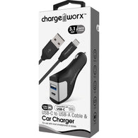 Chargeworx USB-A + USB-C Car Charger & USB-C Cable, Black