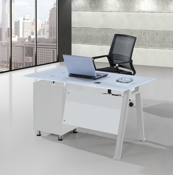 Sit D475 Tempered Glass Computer Desk w/ Cabinet - White