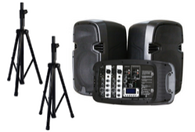 MYO Two Way PA System Black Loudspeaker 10" Sub/MP3 Screen Indicator/USB/SD Card/BT/FM Radio/2 Small Tripods/2 Wired Mics