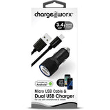 Chargeworx 3.4A Dual USB Car Charger with Escape Hammer & Micro USB Cable