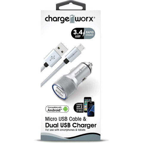 Chargeworx 3.4A Dual USB Car Charger with Escape Hammer & Micro USB Cable