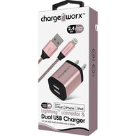 Chargeworx 2.4A Dual USB Metal Wall Charger & 3FT Lightning Cable