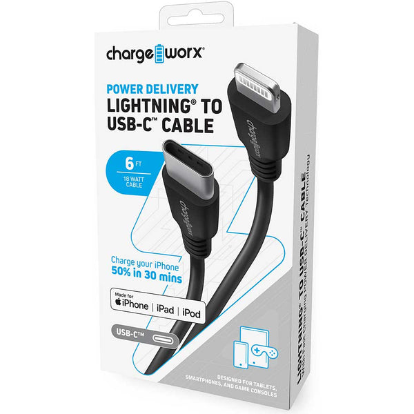 Chargeworx Power Delivery Lightning to UCB-C 6ft Cable