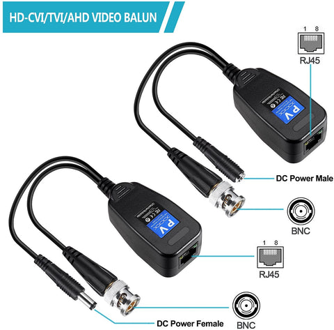 Passive Video Balun RJ45 Transceiver Transmitter HD-CVI/TVI/AHD/CVBS with DC Built-in Transient Suppression Protection for 720P/960P/1080P/2MP CCTV Security DVR Surveillance Camera System - 1 Pair