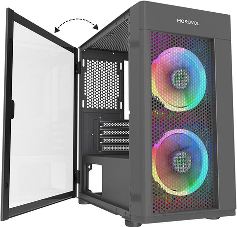 Morovol Mesh Micro-ATX Computer Case w/ 2 ARGB Preinstalled Fans &  USB 3.0 Ports, Magnetic Design Opening Tempered Glass Panel & Mesh Front Panel Airflow Gaming PC Case - Black