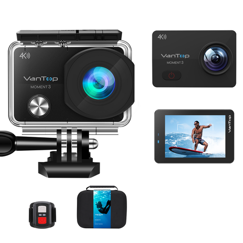 VanTop Moment 3, 4K Wifi Action Camera w/ 16MP Sony Sensor, GoPro Compatible Case, Remote Control, Ultra Wide View Angle, 2 Batteries and 21 GoPro Compatible
