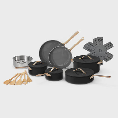 Beautiful 20pc Ceramic Non-Stick Cookware Set by Drew Barrymore - Black Sesame
