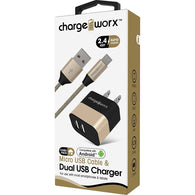 Chargeworx 2.4A Dual USB Metal Wall Charger & 3FT Micro USB Cable
