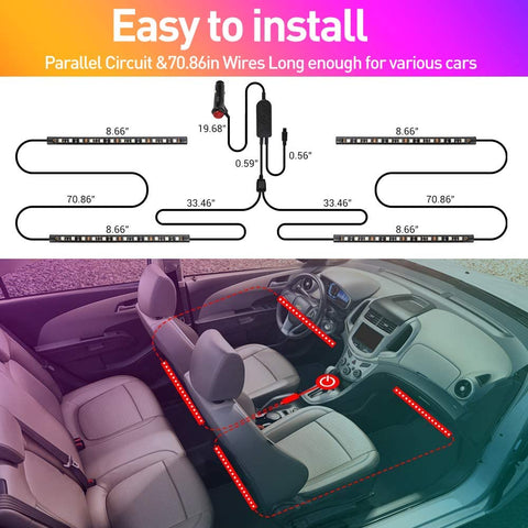 Upgrade Your Car with 4Pcs 48 LEDs RGB Interior Lights - App Control, DIY  Music Mode & Car Charger!