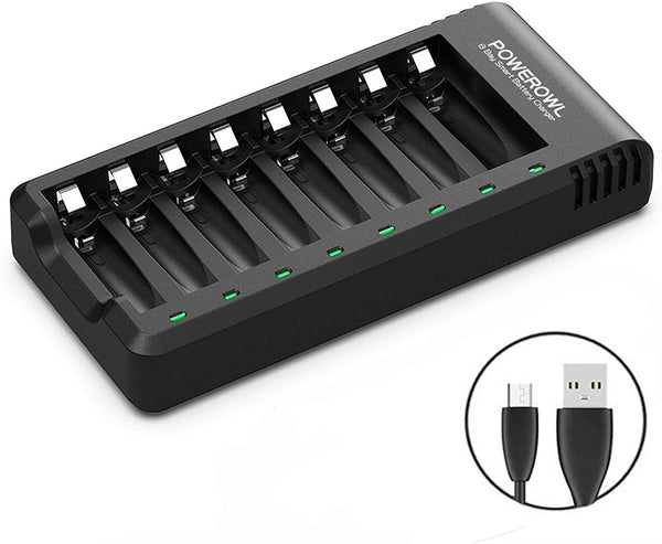PowerOwl 8 Bay AA & AAA Independent Slot USB High-Speed Battery Charger, for Ni-MH Ni-CD Rechargeable Batteries, No Adapter
