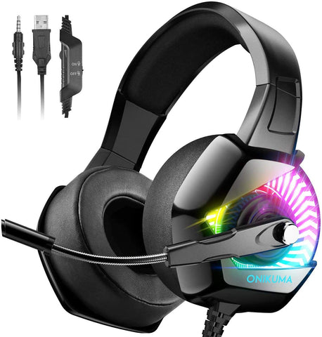 ONIKUMA Gaming Headset-PS4 Headset with Mic, 7.1 Surround Sound & RGB LED Light Xbox One Headset,Gaming headphones PC Headset with Noise Canceling for PS4, PC, Mac, Xbox One (Adapter Not Included)