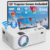 DR.J Professional Native 1080p 9500 Lumens Projector - Bluetooth 5.1, 4K supported, 5G, Wifi w/ 120" Projector Screen