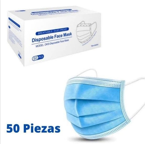 Disposable Blue 3-Ply Face Mask - 50 Pack