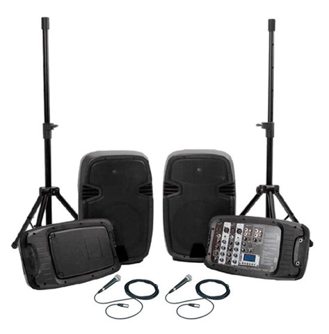 MYO Two Way PA System Black Loudspeaker 10" Sub/USB/SD Card/BT/2 Wireless Mics/2 Small Tripods