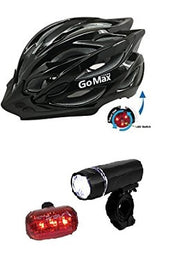 GoMax Aero Adult Medium Adjustable Safety Helmet w/ Chin Strap, Visor & Rear LED Light & BV Bicycle Light Set Super Bright 5 LED Headlight, 3 LED Taillight