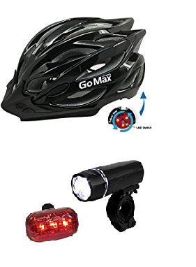 GoMax Aero Adult Medium Adjustable Safety Helmet w/ Chin Strap, Visor & Rear LED Light & BV Bicycle Light Set Super Bright 5 LED Headlight, 3 LED Taillight