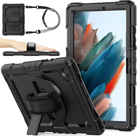 SEYMAC Case for Samsung Galaxy Tab A8 10.5 inch 2022 (SM-X200/ SM-X205/ SM-X207) with Screen Protector [360 Degree Rotatable Stand & Hand Strap] Pen Holder Shoulder Strap for Galaxy Tab A8 10